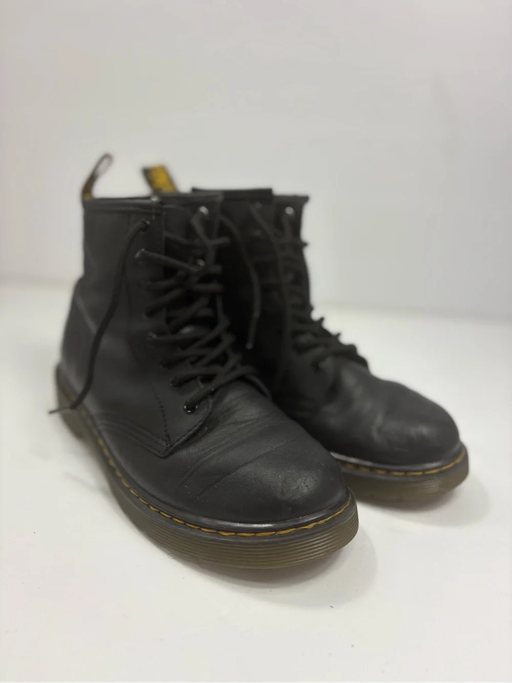 Dr. Martens‎ Black Leather Lace-Up Combat Boots with Yellow Stitching